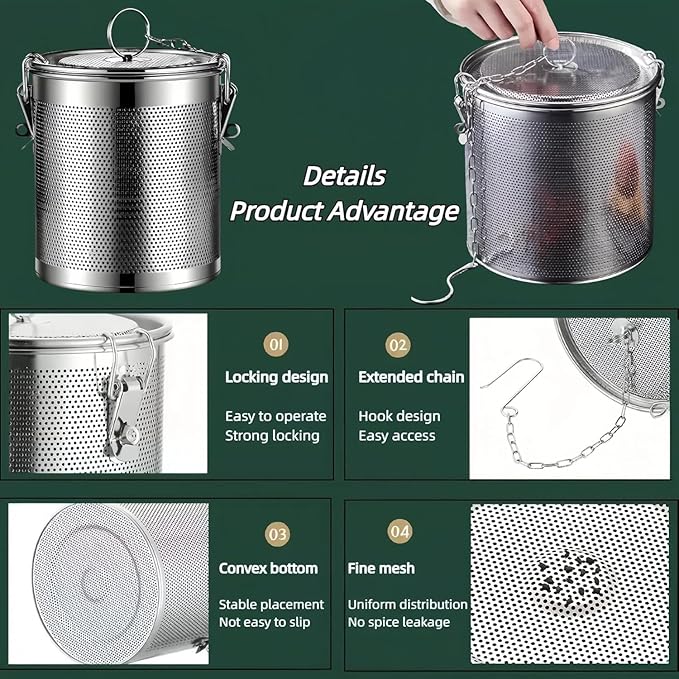 Stainless steel cylindrical seasoning filter, Multi purpose spice filter, Mesh Design Tea Ball Strainer Soup Seasonings Seperation Basket Filter with Chain Hook for Home Restaurant (8 * 9CM/0.452L)