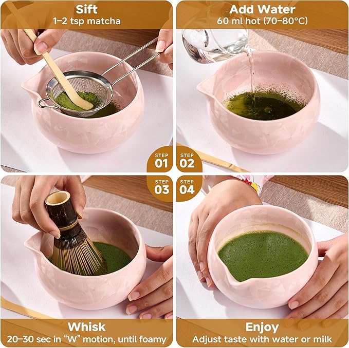 Matcha Whisk Set – Crystalline Glaze Bowl, Bamboo Whisk & Holder, Scoop & Sifter with Holder, Cup with Lid & Straw, Ice Cube Tray & Tea Towel – Pink Matcha Gift Set for Women, Christmas Gifts