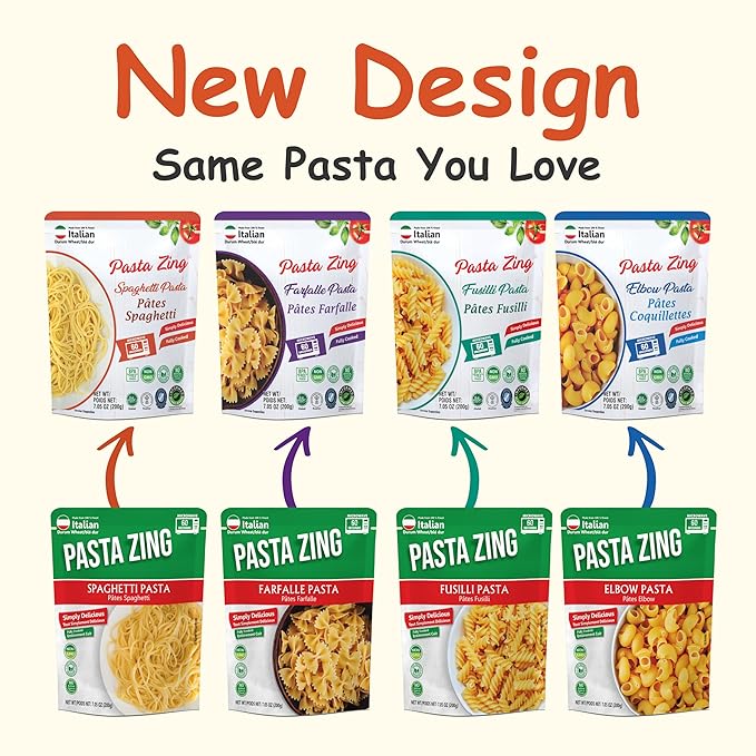 Pasta Zing Microwavable Variety Pasta Pack of 7 | 2x Farfalle | 3x Spaghetti, 2x Fusilli Pasta | Microwave Pasta Ready To Eat in 60 Sec - Fully Cooked -100% Durum Wheat 7.05 Ounce