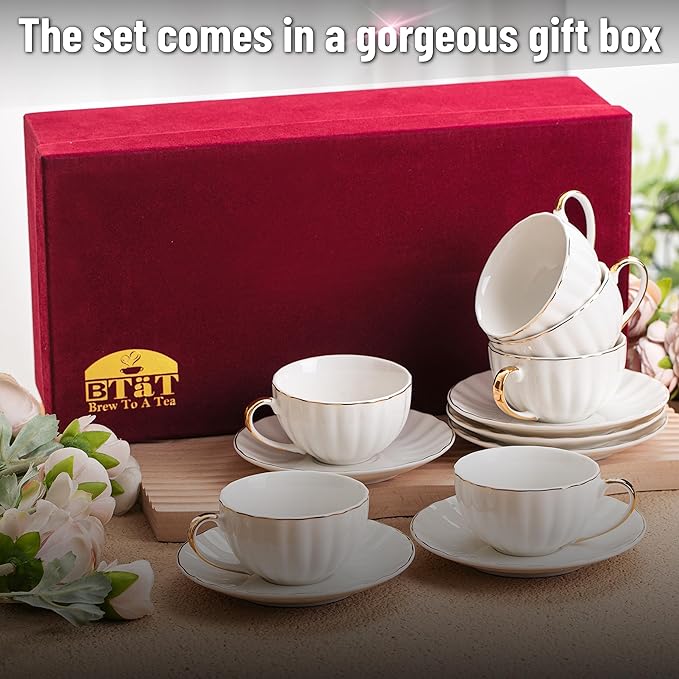 BTaT- White Tea Cups and Saucers with Gift Box, 7oz, Set of 6 Tea Cups Set of 6 with Gold Rim, Christmas Gifts