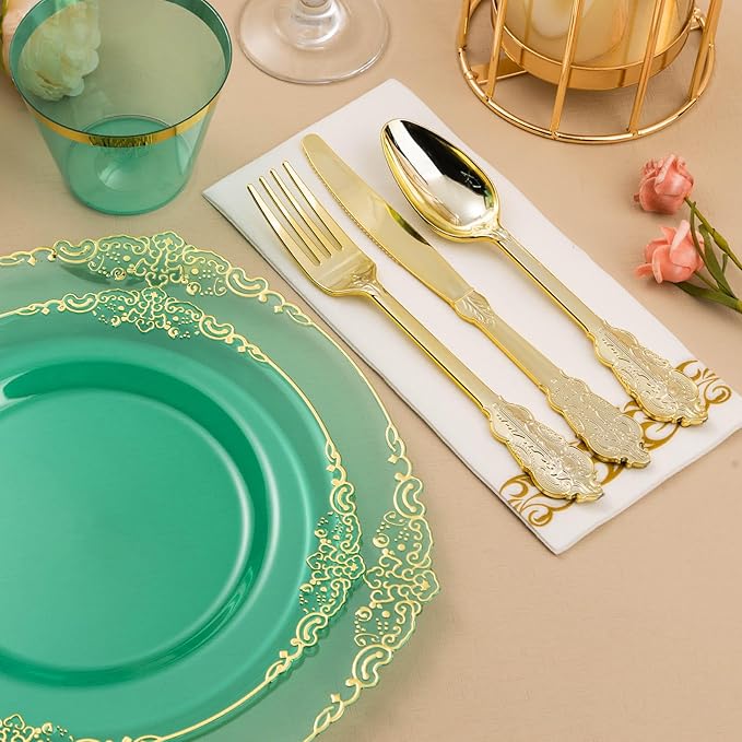 175PCS Clear Green Plastic Plates for 25 Guests, Disposable Plates with Gold Trim include 50 Dinner Plates, 75 Gold Silverware, 25 Cups, 25 Napkins for Party, Wedding and Graduation