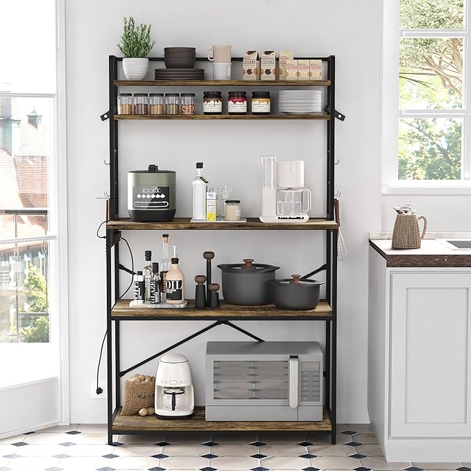 JUMMICO Backers Rack with Power Outlet, 39.4" W Kitchen Microwave Stand with 8 S-Shaped Hooks, 5 Tiers Coffee Bar Station Storage Shelf for Spices, Pots, Rustic Brown