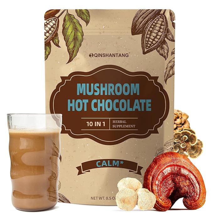 Mushroom Hot Chocolate Mix, Cacao Powder, 10 Mushrooms | Lion's Mane, Reishi, Chaga, L-Theanine | Coffee Alternative for Calm Sleep, Mood Enhancement, Sugar Free, 8.5 Oz