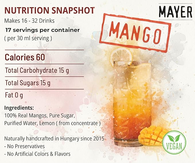 Mayer Mango Syrup for Drinks & Cocktails – Handcrafted in Hungary, Natural Mango Flavoring Syrup – Handcrafted with 100% Real Fruits for Martini, Mocktail, Smoothie, Lemonade, Pancakes, Ice Cream – Vegan, Gluten-Free – (16.9 Fl Oz each / Pack of 2)