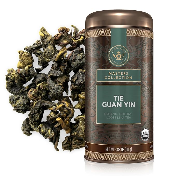 Teabloom Organic Tie Guan Yin Oolong Loose Leaf Tea, Rolled Leaves From High-Elevation Mountains, USDA Organic, Toasted Walnut and Sweet Orchid Notes, 3.88 oz/110 g Canister Makes 35-50 Cups