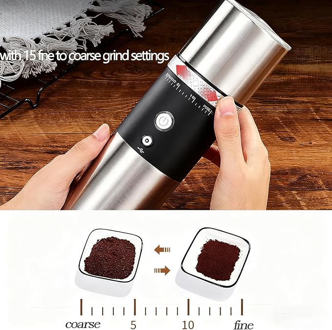 Electric Burr Coffee Grinder,Toycol Portable Cordless Rechargeable Espresso Coffee Bean Grinder,USB Battery Travel Car Coffee Maker with 15 Fine to Coarse Grind Settings for Home Use (Black)