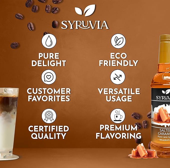 Syruvia Salted Caramel Coffee Syrup – 25.4 fl oz – Syrup for Coffee, Lattes, Shakes, Smoothies, Desserts – 100% Vegan, Gluten Free, Kosher Coffee Syrup, (Pack of 2)