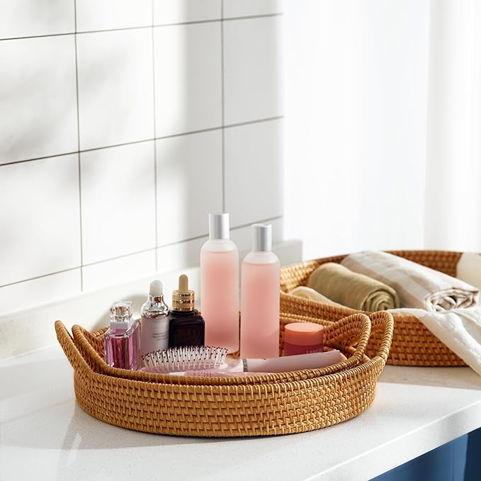 Christmas Gift Set – 3 Handwoven Rattan Trays with Natural Shell Inlay, Boho Decorative Wicker Serving & Coffee Table Trays with Handles for Home Decor, Candles, Snacks & Holiday Entertaining