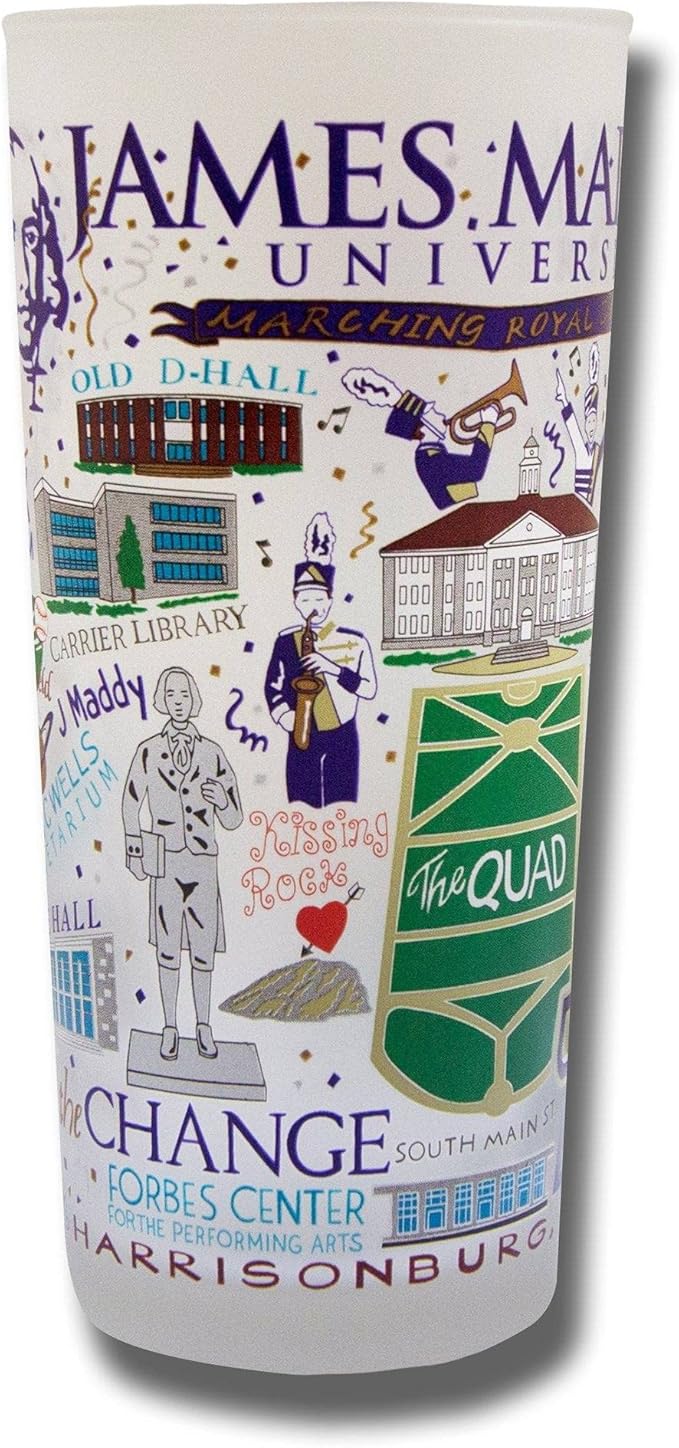Catstudio Drinking Glass, James Madison University Glass Cup for Kitchen, 15oz Dishwasher Safe Tumbler for JMU Alumni