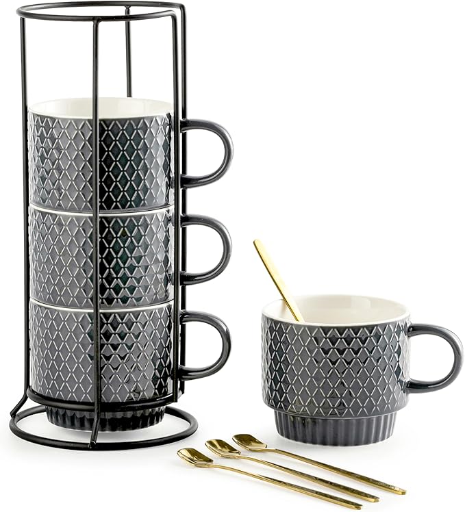 Gomakren Coffee Mugs Set of 4, 13 Ounce Stackable Coffee Mug Set with Stand, Christmas Stoneware Coffee Cup with Spoon for Coffee, Milk, Tea, Cocoa, Grey