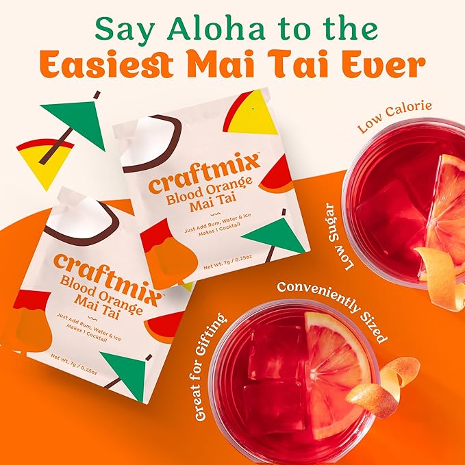 Craftmix Blood Orange Mai Tai Cocktail & Mocktail Drink Mixer, Skinny Mixes - Water Flavoring Packets - Made With Real Fruit - Vegan Low-Carb, Low-Sugar, Non-GMO, Dairy Free, Gluten Free, 24 Pack
