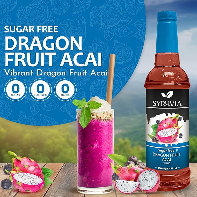 Syruvia Sugar-Free Dragon Fruit Acai Syrup - 25.4 fl oz. Premium Coffee Flavoring Syrup. 0 Calories, Kosher, and Gluten-Free. Perfect for Drinks, Sodas, Shakes, Desserts, and More. (Pack of 2)