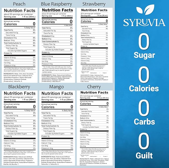 Syruvia Sugar Free Coffee Syrup Variety Pack: Peach, Strawberry, Blackberry, Mango, Cherry & Blue Raspberry - Gluten-Free, Kosher, 25.4 fl oz Bottles - Enhance Your Coffee Experience