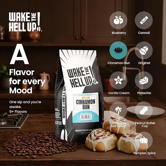 Wake The Hell Up! 1lb Ultra-Caffeinated Cinnamon Bun Ground Coffee, Low Acid, Medium-Dark Roast
