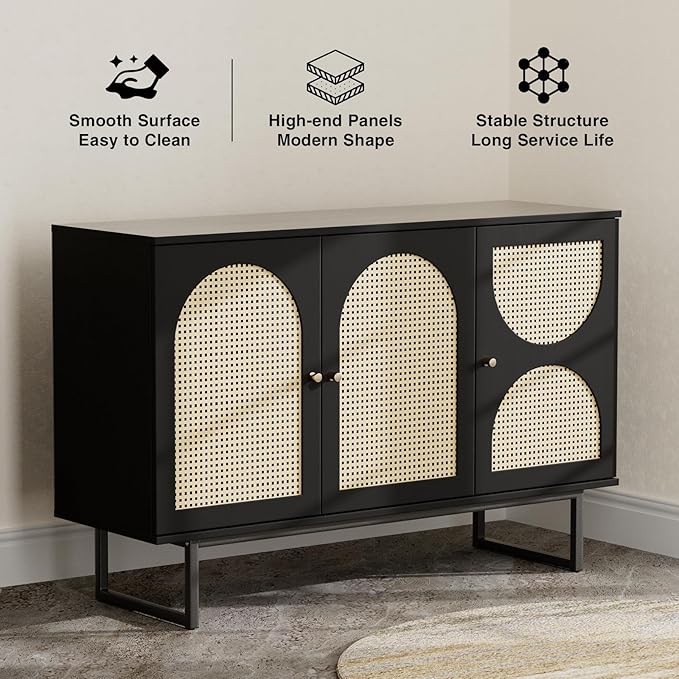 Storage Cabinet with 3 Arched Rattan Doors, Rattan Sideboard Buffet Cabinet with Storage, Boho Entryway Table Console Credenza TV Stand for Living/Dining Room, Kitchen, Hallway, Black