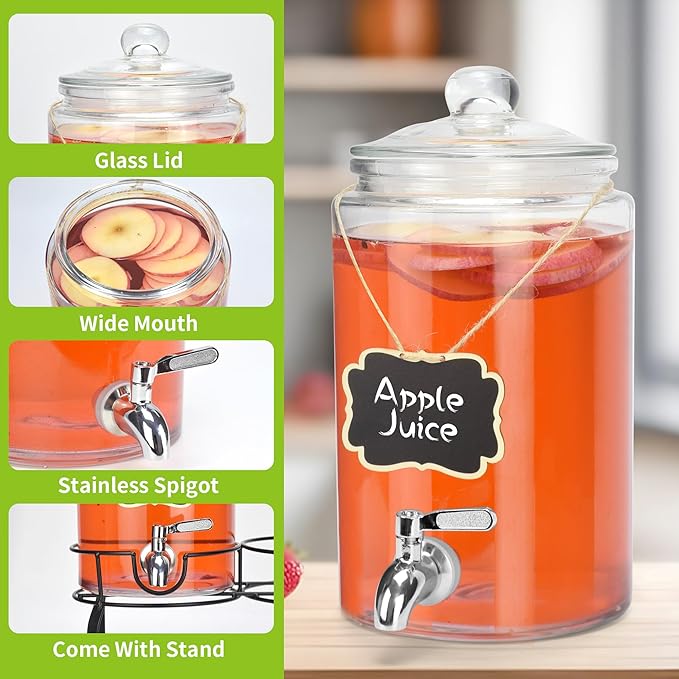 1 Gallon Beverage Dispenser 2 Pack, Stainless Steel Spigot Drink Dispenser for Parties with Stand, Clear Glass Drink Container Easy to Refill and Clean