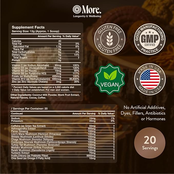 More. Longevity & Wellbeing Premium Mushroom Coffee Superfood – 7 Functional Mushrooms with Lions Mane Supplement, Reishi, Chaga & Ashwagandha Extract, Instant Coffee Alternative with Prebiotics and Essential Vitamins for Focus & Energy, Salted Caramel