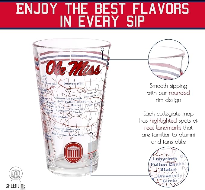 Greenline Goods – University of Mississippi Rebels College Pint Beer Glasses (Set of 2), 16 oz – Full-Color Logo + Campus Map