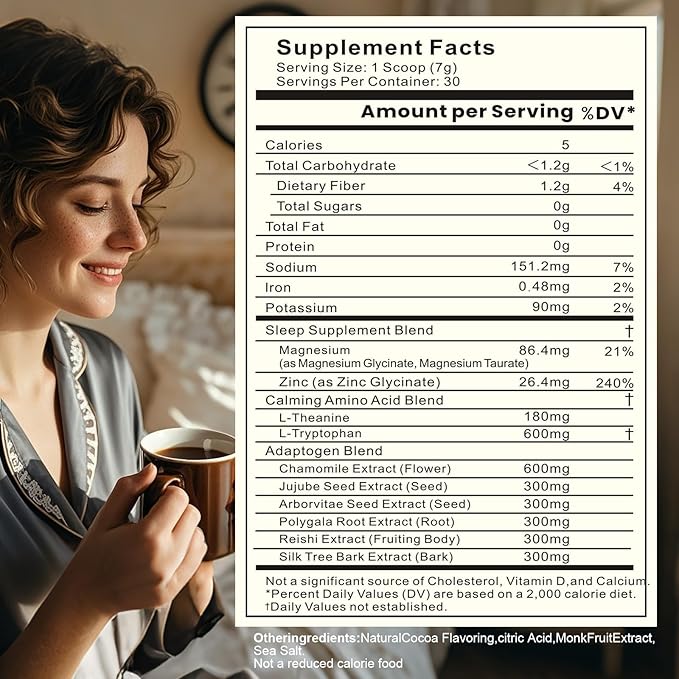 Magnesium Hot Cocoa – Melatonin-Free Natural Sleep Aid Hot Chocolate for Adults with Reishi Mushroom, L-Theanine & Zinc Glycinate – Relaxation & Restful Sleep Support Mushroom Coffee, 30 Servings