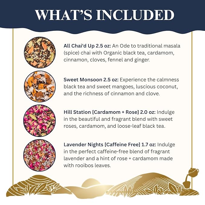 The Chai Box Ultimate Tea Lover's Gift Set - Featured in Oprah's Favorite Things | Caffeinated and Caffeine Free Loose-Leaf Tea Gift Box (Pack of 4) 10 oz | Small Batch Assorted Tea Sampler with Whole, Premium Spices