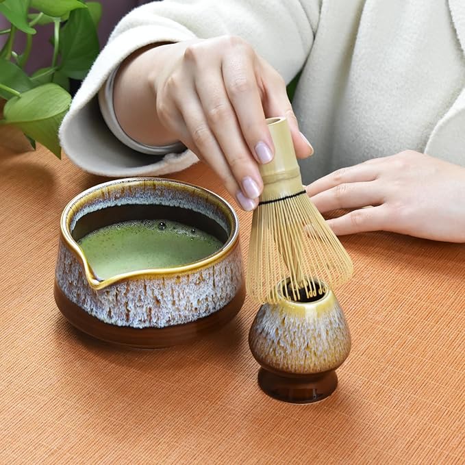 Artcome Matcha Tool Set - Complete Kit with Matcha Bowl with Spout, Bamboo Whisk, Tea Scoop & Whisk Holder, Golden Glaz