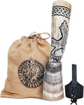 Norse Tradesman Genuine 12" Ox-Horn Viking Drinking Horn with Exquisite Hand Engraved Wolf & Celtic Knot, Black Leather Belt Holster, Fitted Stand & Burlap Gift Sack Included - Wolfsbane, 12-In