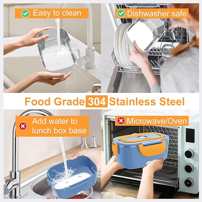 Heated Lunch Boxes for Adults, 80W Electric Lunch Box Food Heated 12/24/110V 1.5L Heatable Lunch Box for Car/Truck Leak-Proof Removable Stainless Steel Container, Fork & Spoon, Bag