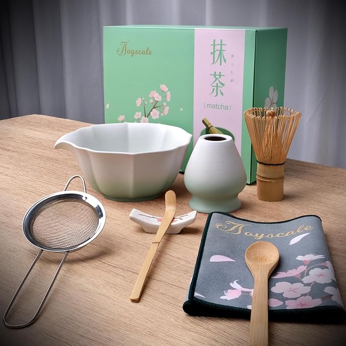 Joyscale Matcha Whisk Set, Matcha Set Whisk And Bowl, 8 Pcs Matcha Kit Set(Lotus Design), 11 OZ, Japanese Matcha Tea Set, Matcha Making Kit Gifts for Tea Lovers(Pale Green)