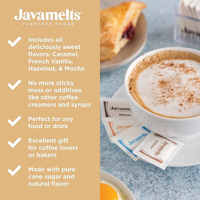 JAVAMELTS Variety Caramel, French Vanilla, Hazelnut, Mocha Flavored Sugar, Add Flavor to Your Coffee or Tea, or When Baking Sweets, Non GMO, Non Dairy, Gluten Free, Kosher, (1.5lb Bag - Pack of 4)