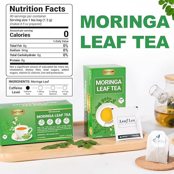 LeafLea 80 Moringa Tea Bags, Made from Natural Moringa Leaves, Caffeine-Free Herbal Tea, Sugar-Free, Individually Wrapped for Fresh Flavor (Pack of 2)