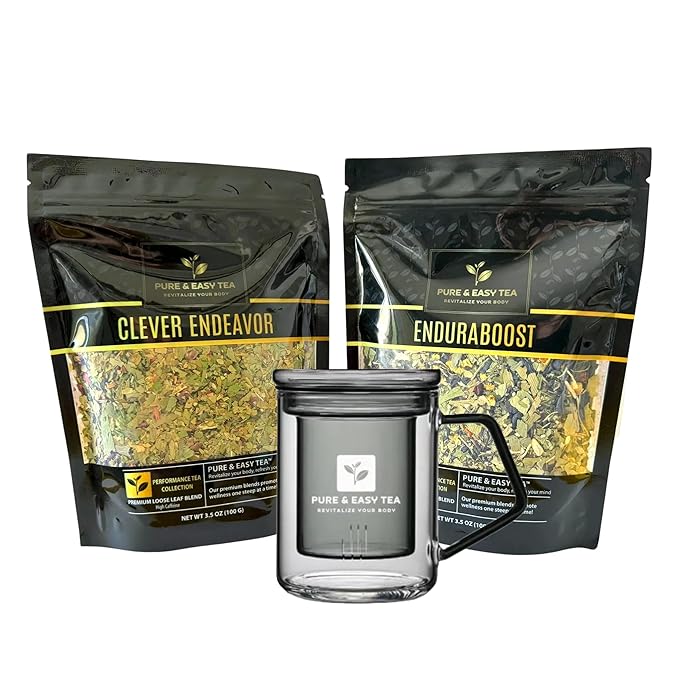 Pure And Easy Tea, EnduraBoost, Clever Endeavor & Glass Brewing Mug, Performance Tea Bundle, Caffeinated, 100% Natural Premium Loose Leaf Tea Blends, 200g/7.1oz