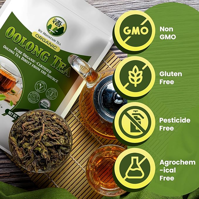 Wu Mountain Tea Organic Oolong Tea – 1 lb Loose Leaf – Premium Whole Black Chinese Tea Leaves – Smooth Aroma, Low Astringency, Naturally Energizing – Perfect for Hot & Iced
