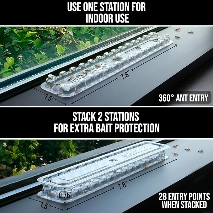Catchmaster DEFIANT Extra Long Reusable Ant Traps Indoor (8 Pack) For Narrow Spaces – Liquid Ant Killer - Bait NOT Included - Stackable, Translucent Design – 28 Entry Points For Maximum Access