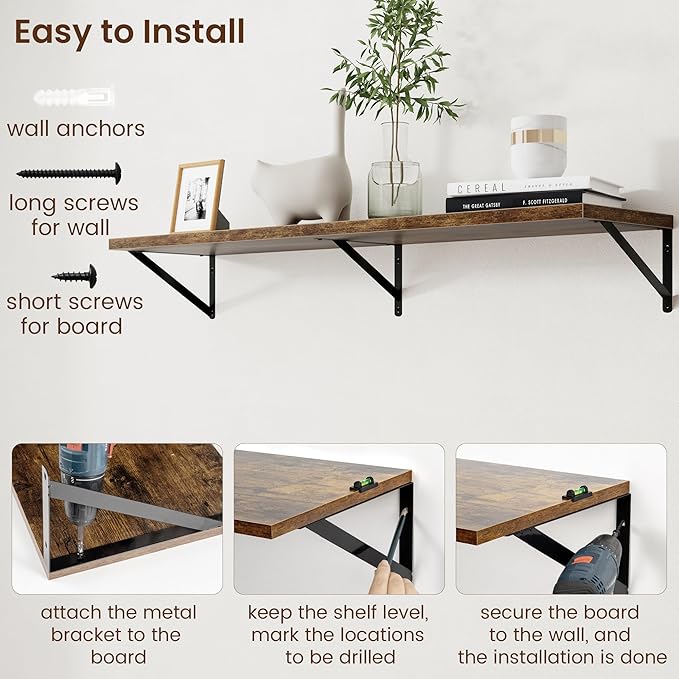 Axeman 12 Inch Deep Floating Shelves for Wall - 48 Inch Wide x 12 Inch Deep Wall Shelves Set of 2 - Rustic Wood Floating Shelves for Living Room