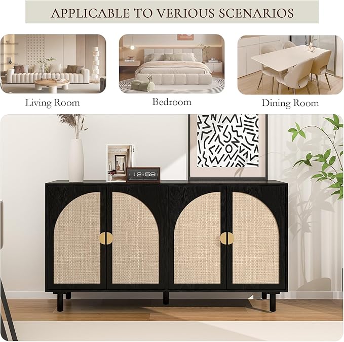 Black Sideboard Buffet Cabinet, 4-Door Rattan Storage Cabinet, Coffee Bar with Adjustable Shelf, Accent Furniture for Living Room, Entryway, Home Office, Black
