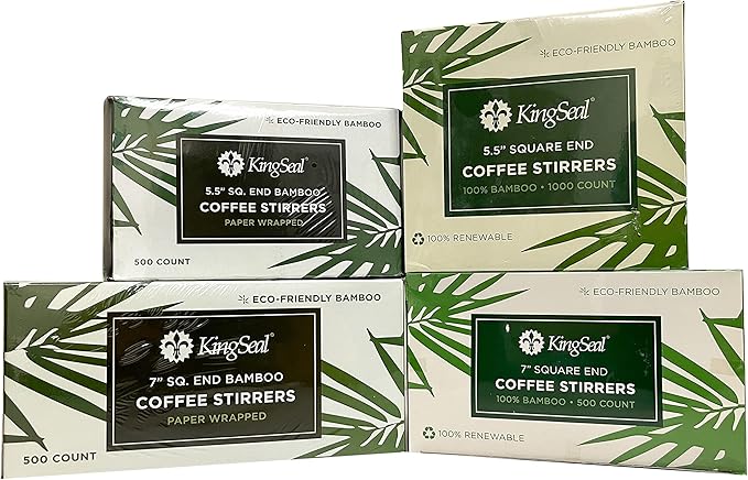 1000 Count | KingSeal Bamboo Wood Coffee Stirrers, Square End, 7 inch Length, 100% Renewable and Biodegradable - 2 Boxes x 500 Stirrers