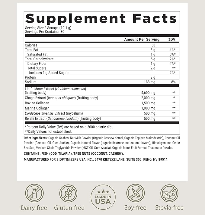 BIOptimizers Mushroom Coffee Alternative – Salted Caramel Drink – Lion’s Mane, Chaga, Reishi + Collagen Peptides for Focus, Energy & Gut Health – Adaptogenic Mushrooms & MCT Powder – 30 Servings