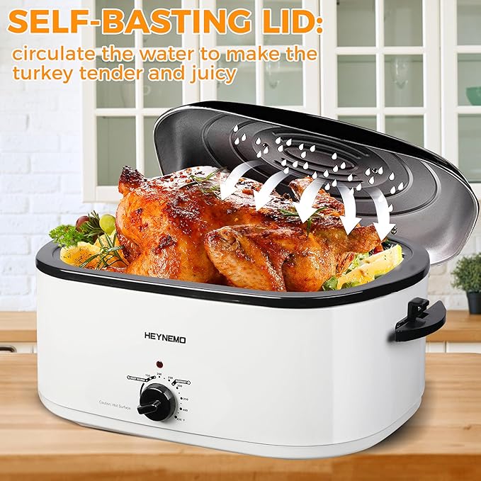 Roaster Oven 20 Quart, Electric Turkey Roaster Oven Electric with Self-Basting Lid, Removable Pan and Rack, Full-Range Temperature, Stainless Steel, White