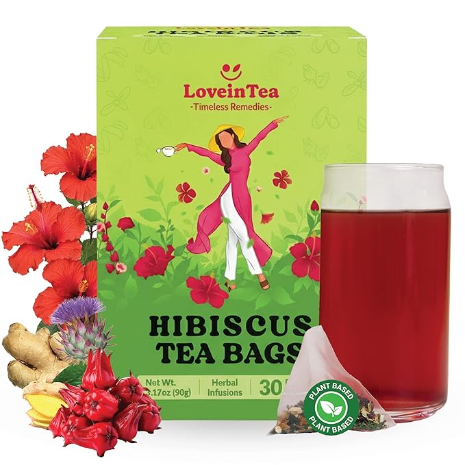 LoveinTea Hibiscus Herbal Tea Bags, 100% Natural Vietnamese Hibiscus Blend, Caffeine-Free, Plant-Based Pyramid Bags, 30 Count
