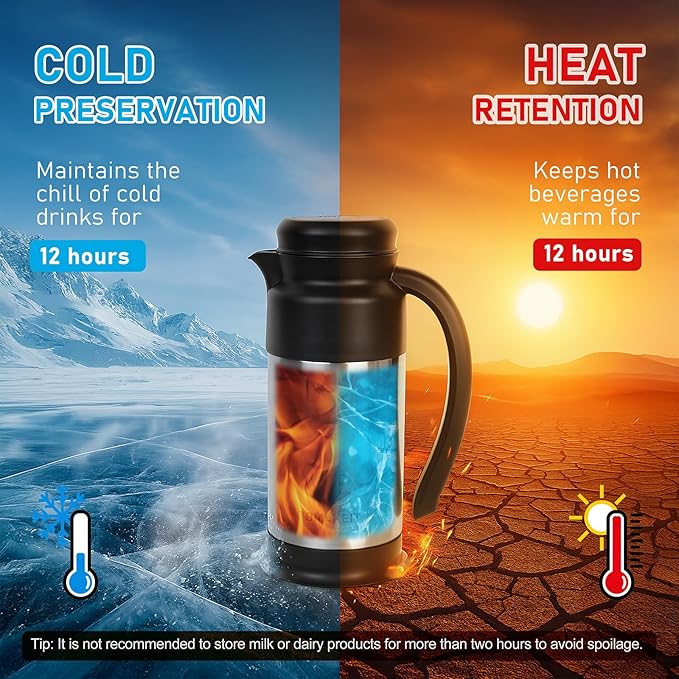 Creamer Pitcher for Coffee,1L/34 Oz Thermal Coffee Carafe,Stainless Steel Coffee Carafes for Keeping Hot and Cold,Double-Wall Design,12-Hour Hot & Cold,Leak-Proof, Portable for Travel,Camping,Office