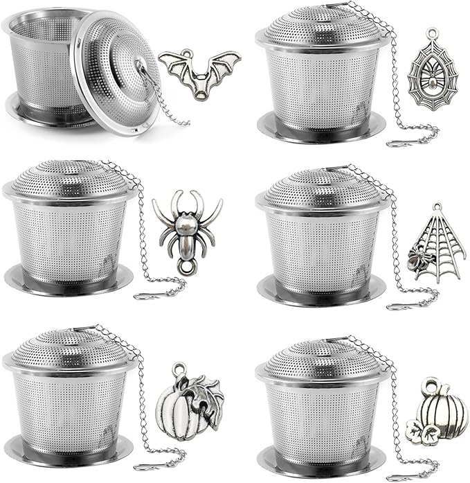 6 Pcs Stainless Steel Tea Infusers for Loose Leaf Tea, Fine Mesh Tea Strainers with Unique Spider, Pumpkin, Bat Designs, Includes Hanging Hooks for Easy Use, Ideal for Black, Green, and Herbal Teas
