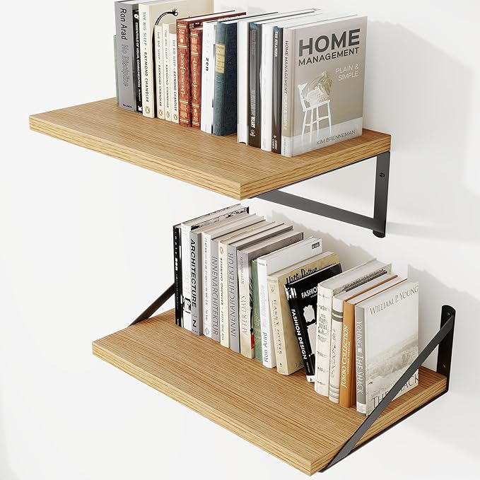 Deep Wall Shelves 16"W x 12"D Engineered Wood Floating Shelves for Wall, Sturdy Metal Bracket Bookshelves Home Decor Storage for Living Room Bedroom Bathroom Kitchen, Set of 2, Oak Finish