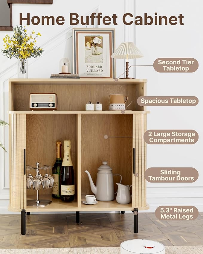 SUNCOZE Fluted Storage Cabinet with Sliding Tambour Doors, Sideboard Buffet Cabinet with Storage, Modern Accent Coffee Bar for Kitchen, Entryway, Living & Dining Room (Wood)