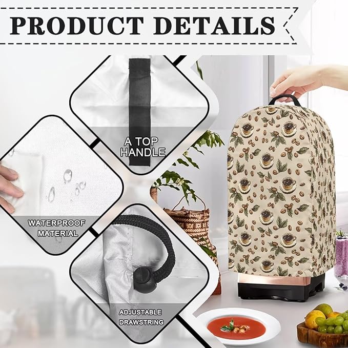 Coffee Beans Leaves Blender Dust Cover with Drawstring Stand Mixer Coffee Maker Cover Anti Fingerprint Polyester Appliance for Home Kitchen Decor