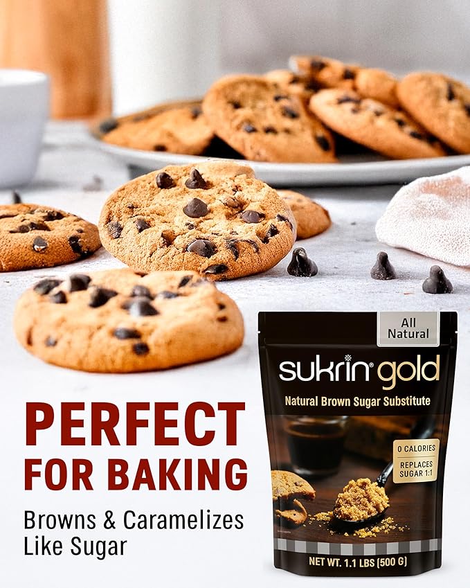 SUKRIN GOLD 100% Natural Sugar Free Brown Sugar Substitute with Erythritol & Stevia Brown Sugar Zero Calorie Sweetener, Granulated Gluten Free Non-GMO Kosher Blood Sugar Vegan Keto Friendly, 1.1LB Bag