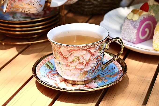20 Pieces Porcelain Tea Set With Metal Holder, European Ceramic tea set for adults,Flower Tea Set,Tea Set For Women With Flower Painting(Large version, Light Blue))