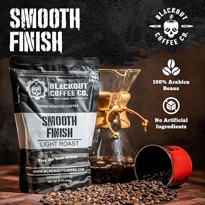 Blackout Coffee Smooth Finish Ground Coffee – Light Roast, Aromatic Smooth Taste – Freshly Roasted 12oz Bag