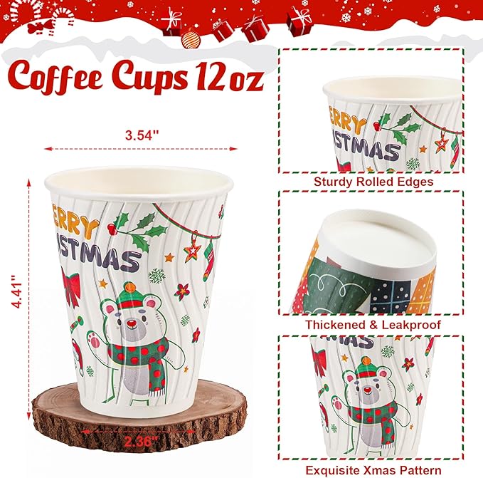 Christmas Coffee Cups 12 oz 120 Pack Corrugated Insulated Ripple Wall Disposable Paper Coffee Cups 12oz, To Go for Hot Beverage or Cold Drinks Office/Home/Cafe/Party/Travel