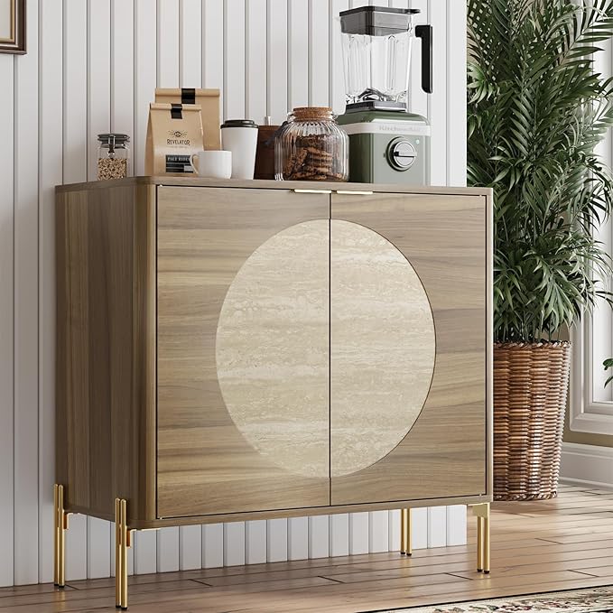 Sideboard Buffet Cabinet with Storage, Mid-Century Modern Kitchen Storage Cabinet with Adjustable Shelf and Circular Inlay Doors, Wooden Cupboard for Kitchen, Entryway