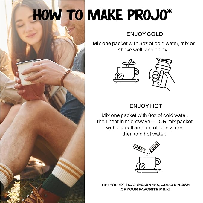 Projo* Power Coffee – Instant Coffee with 11g Protein – Grass-Fed Hydrolyzed Bovine Collagen & 175mg Caffeine, Organic, Variety - 1 Packet Each - Bold Black, Vanilla, Cinnamon, Caramel & Mocha Lattes